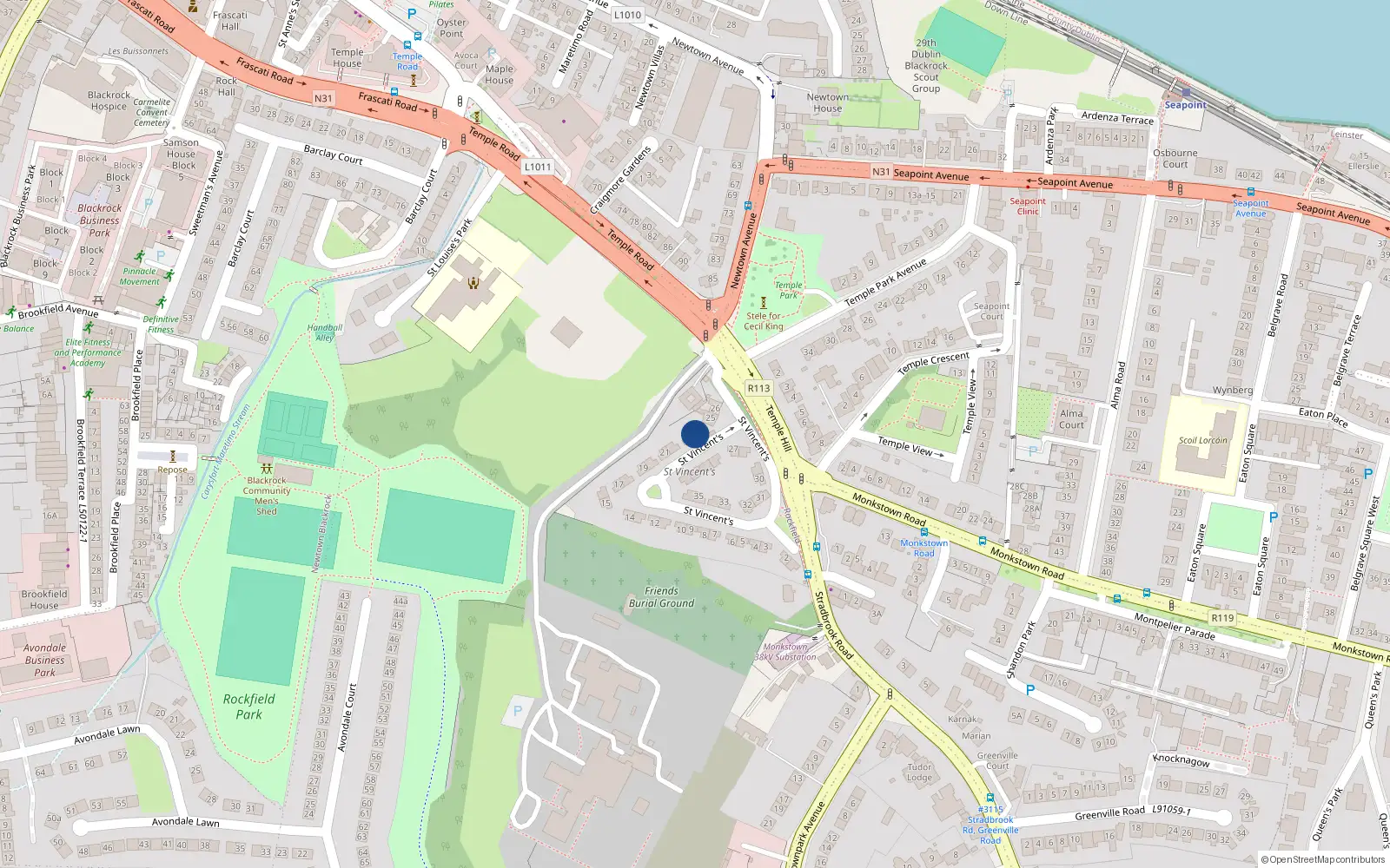 Overhead map showing the location of 24 St Vincents Park, Blackrock, Dublin