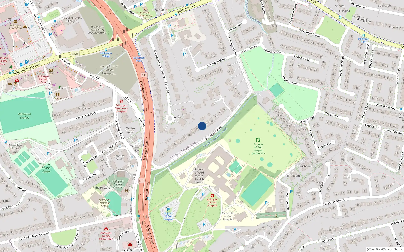 Overhead map showing the location of 24 Stillorgan Grove, Dublin