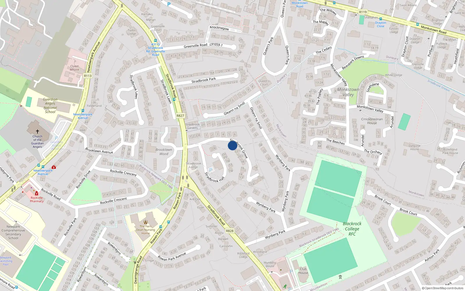 Overhead map showing the location of 24 Stradbrook Grove, Blackrock, Dublin