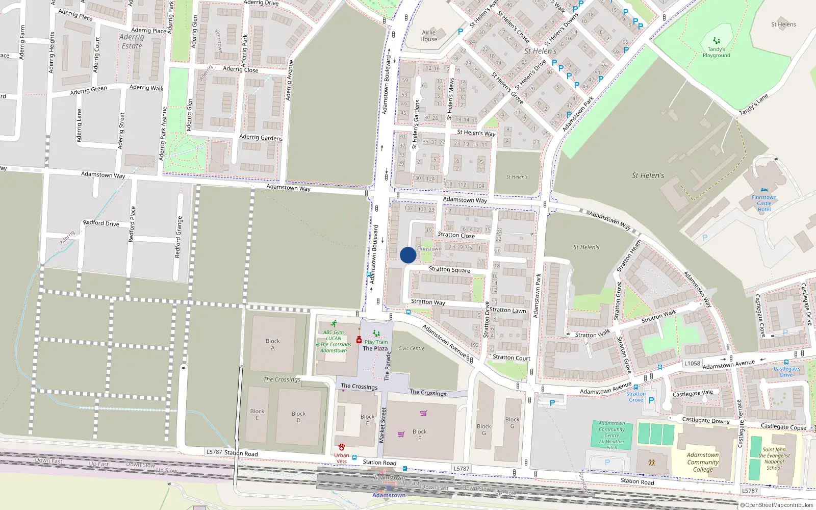 Overhead map showing the location of 24 Stratton Square, Adamstown Square, Adamstown