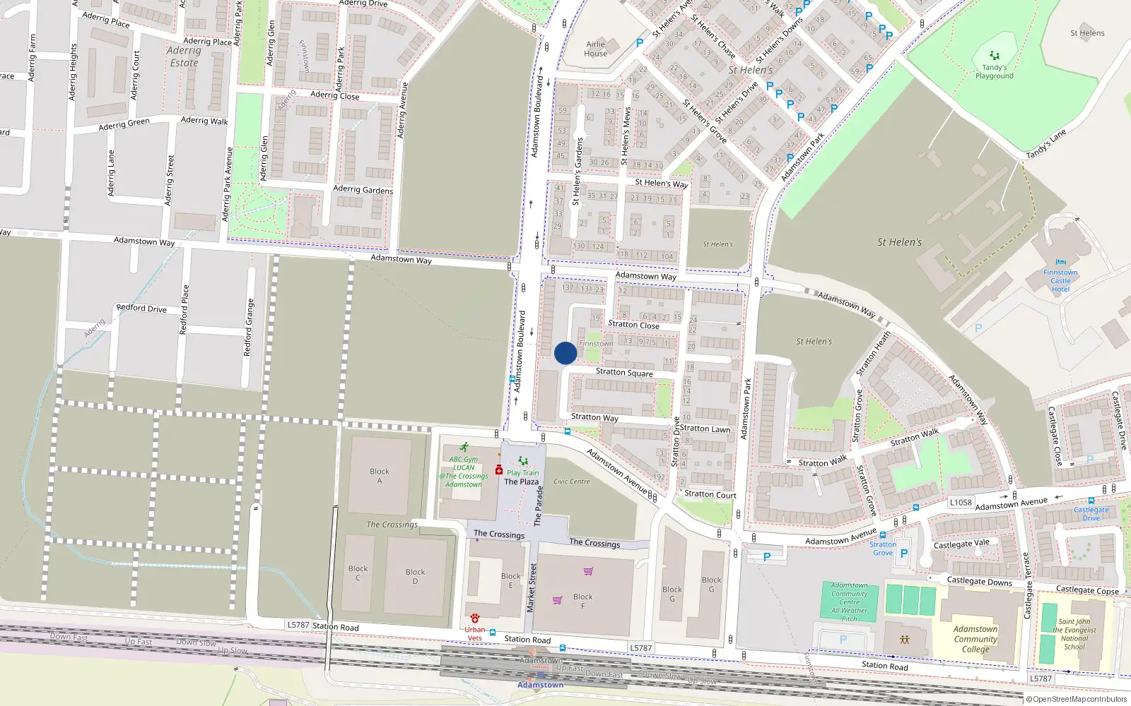 Overhead map showing the location of 24 Strattton Square, Adamstown Square, Adamstown