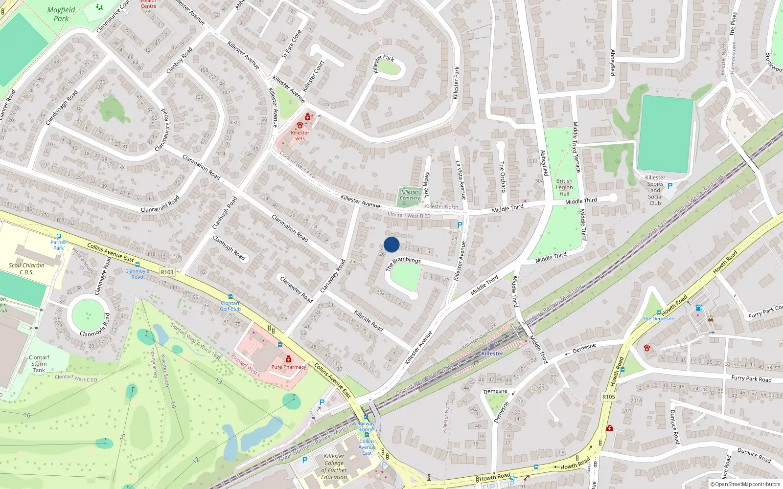 Overhead map showing the location of 24 The Bramblings, Dublin 5