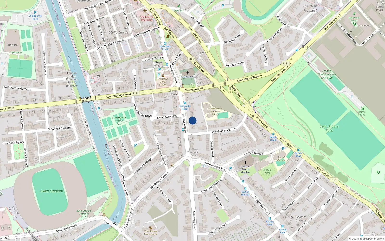 Overhead map showing the location of 24 Tritonville Road, Irishtown