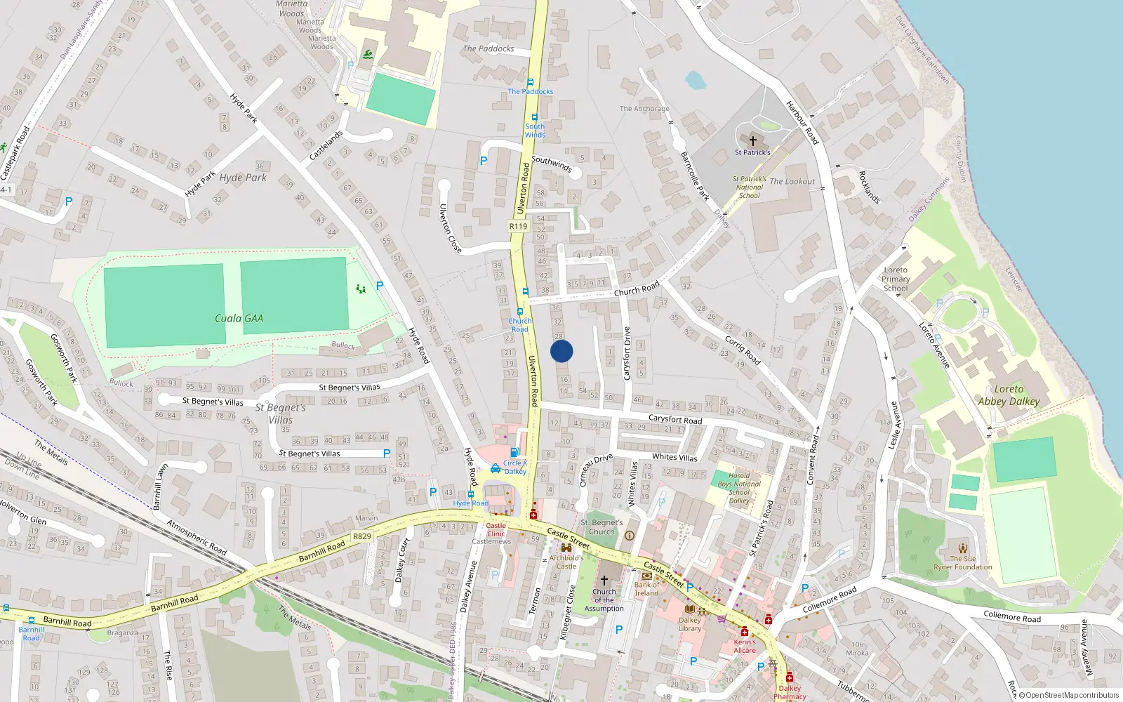 Overhead map showing the location of 24 Ulverton Road, Dalkey