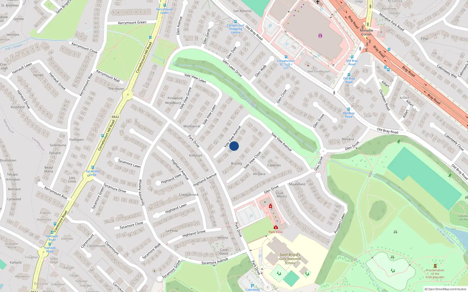 Overhead map showing the location of 24 Vale View Avenue, Dublin 18