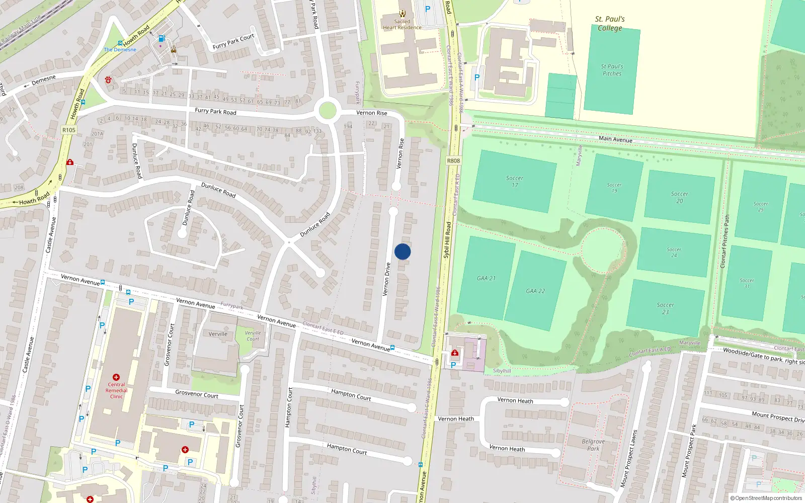 Overhead map showing the location of 24 Vernon Drive, Clontarf, Dublin 3