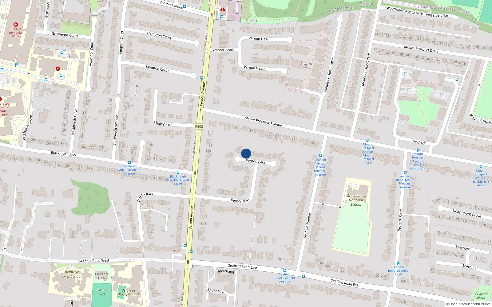 Overhead map showing the location of 24 Vernon Park, Clontarf, Dublin 3