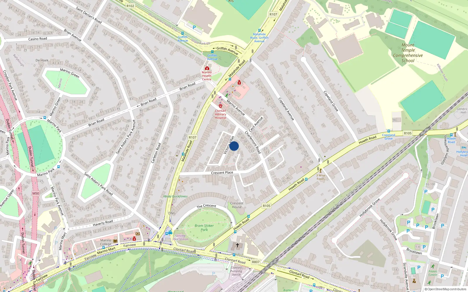 Overhead map showing the location of 24 Victoria Villas, Dublin 3