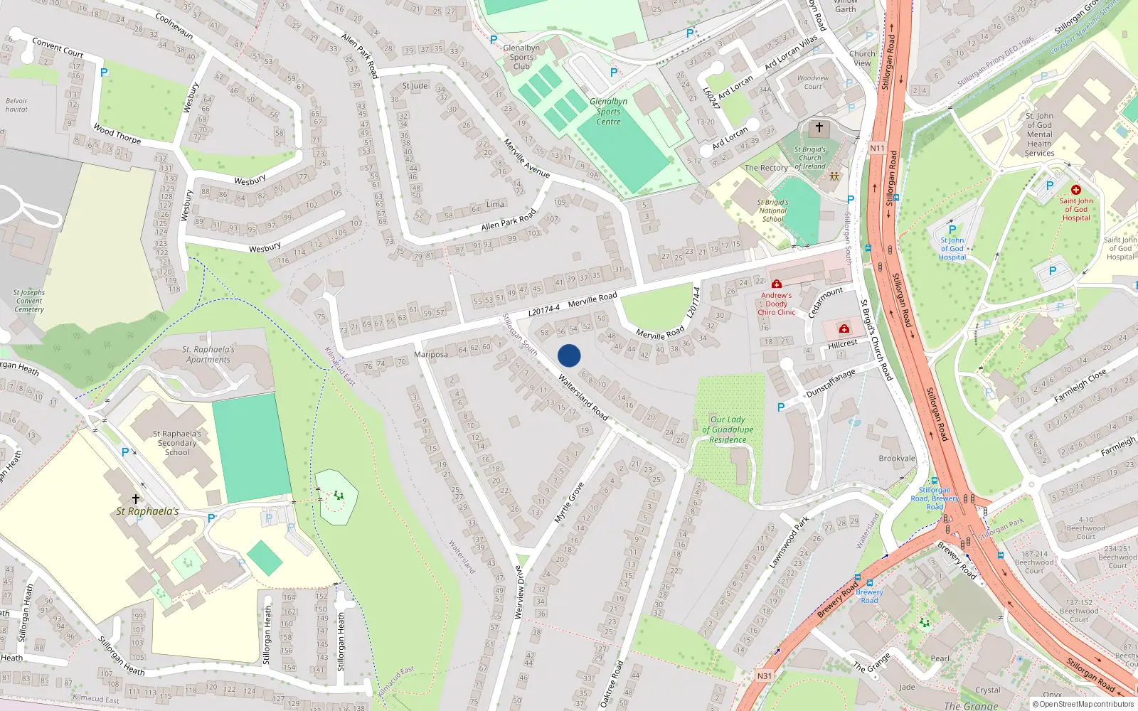 Overhead map showing the location of 2&4 Waltersland Road, Stillorgan, Dublin