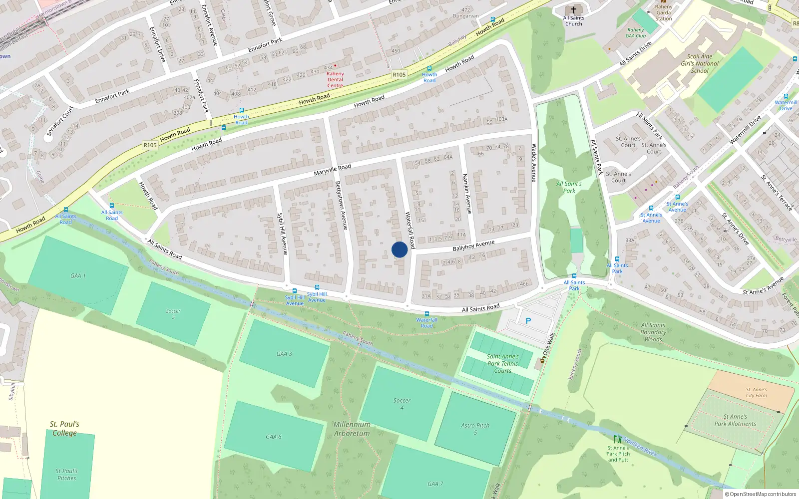Overhead map showing the location of 24 Waterfall Road, Dublin 5