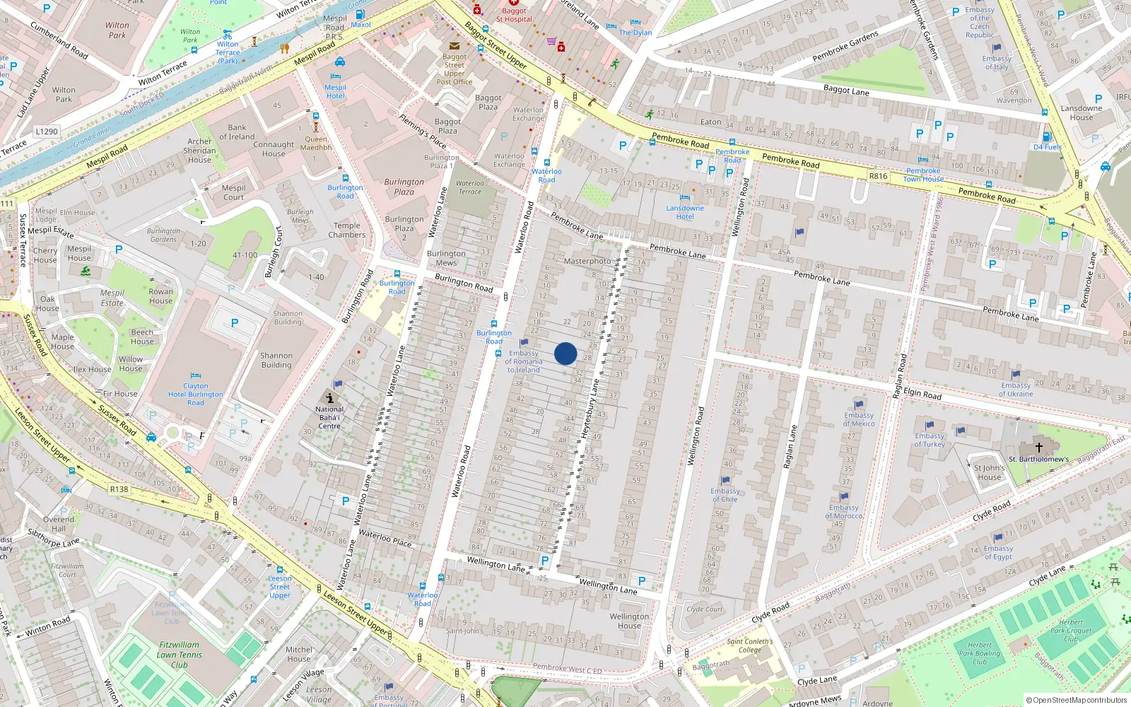 Overhead map showing the location of 24 Waterloo Road, Dublin