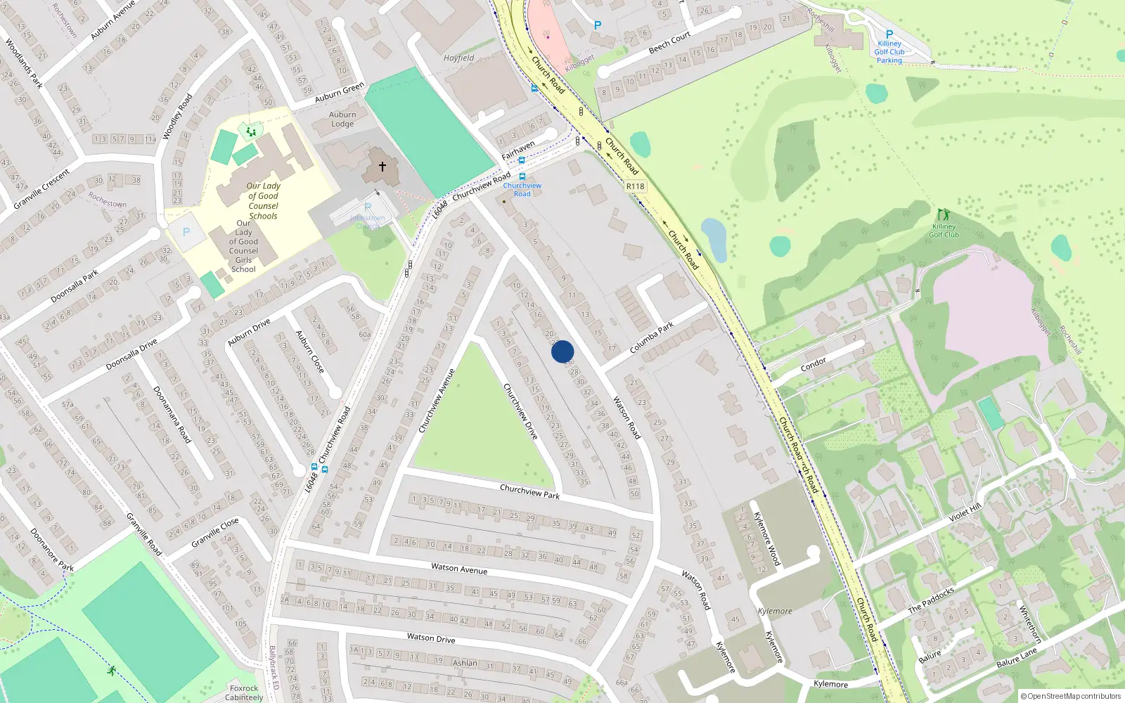 Overhead map showing the location of 24 Watson Road, Killiney