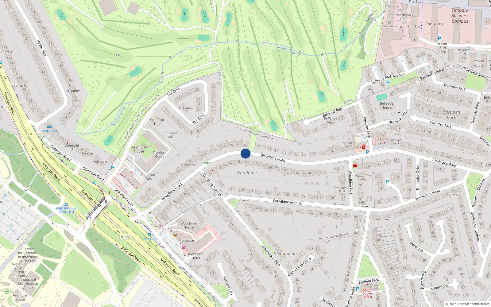 Overhead map showing the location of 24 Woodbine Avenue, Dublin