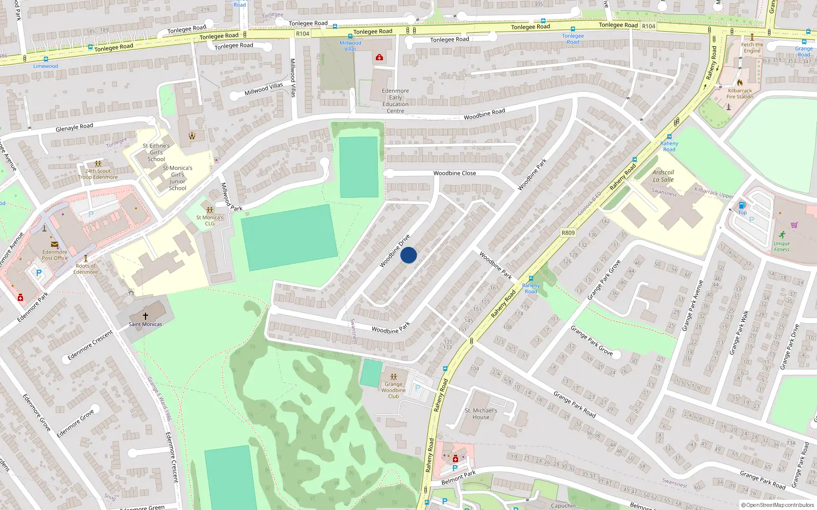 Overhead map showing the location of 24 Woodbine Drive, Raheny, Dublin 5