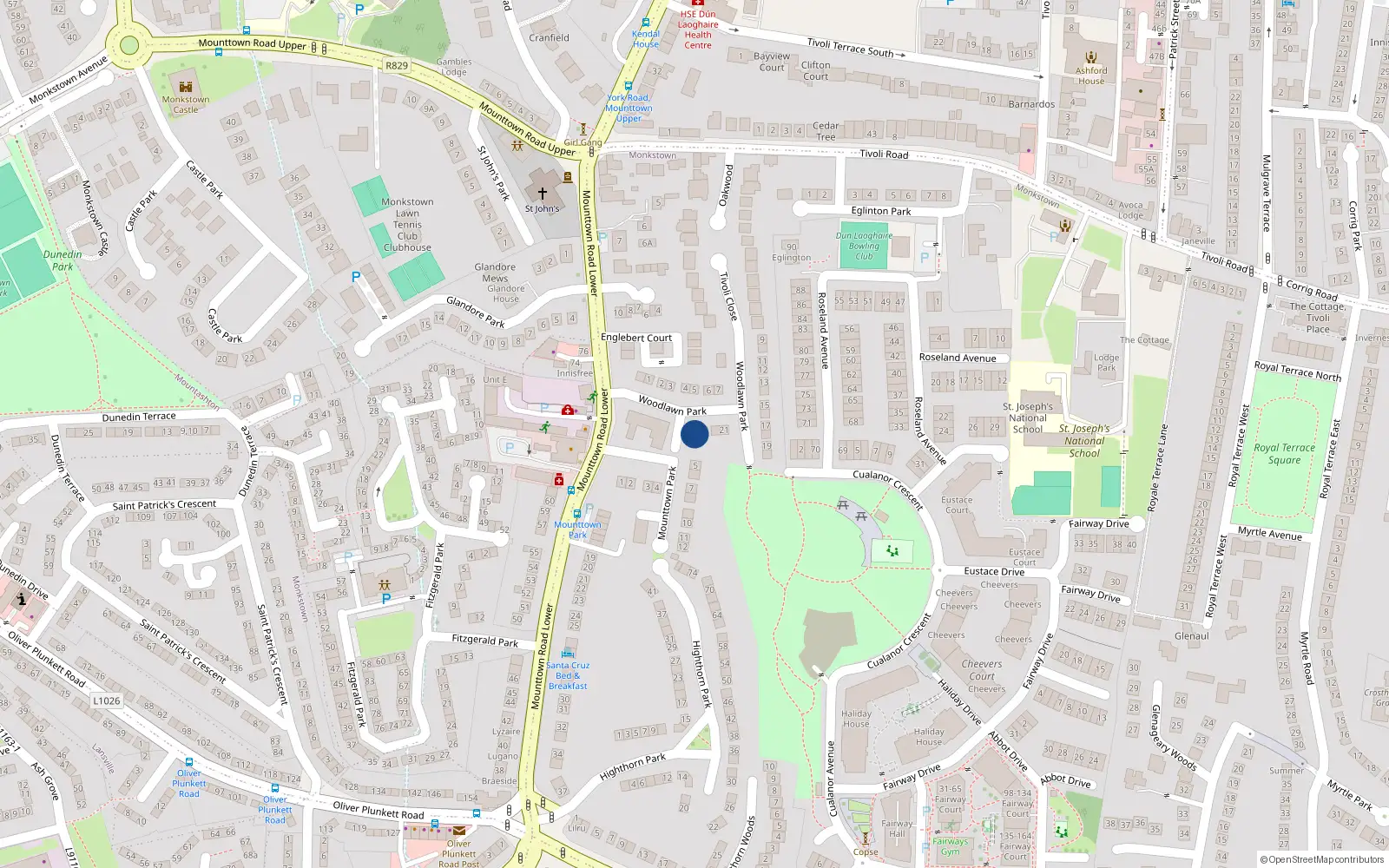Overhead map showing the location of 24 Woodlawn Park, Dun Laoghaire