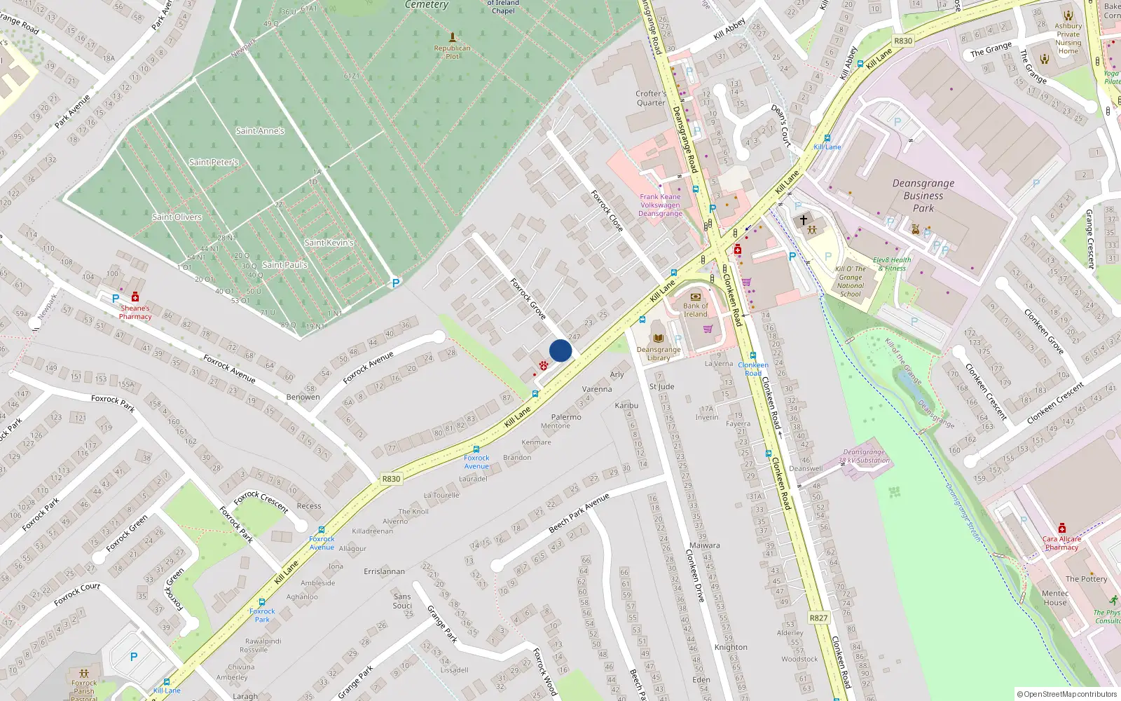 Overhead map showing the location of 244 Foxrock Grove, Dublin 18
