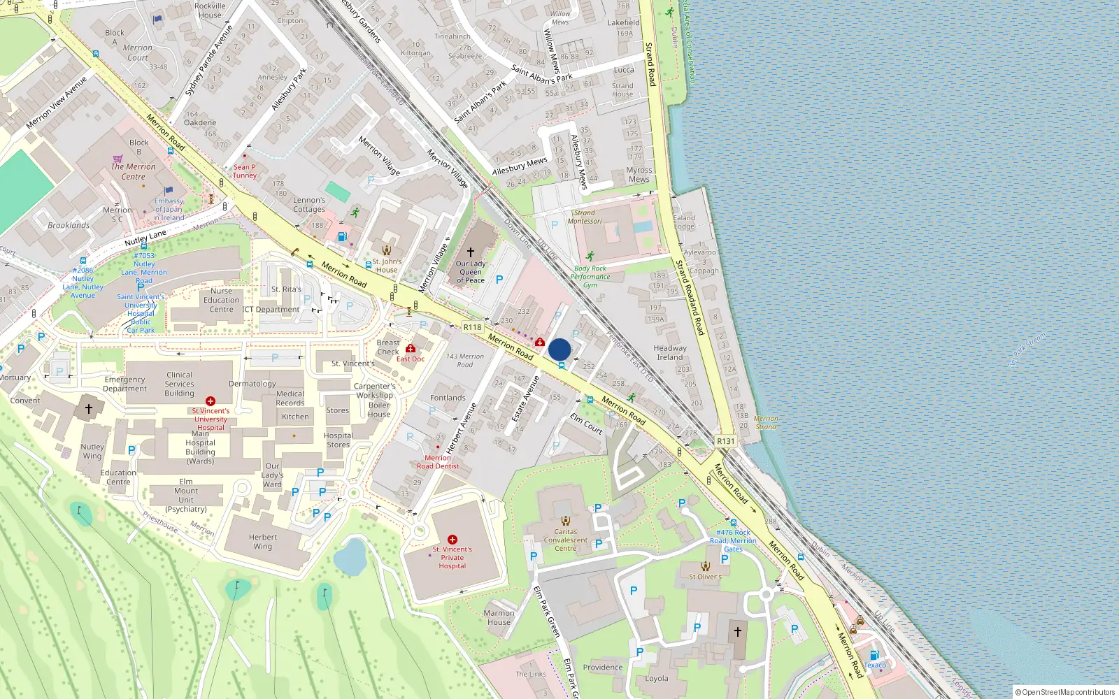 Overhead map showing the location of 244 Merrion Road, Merrion