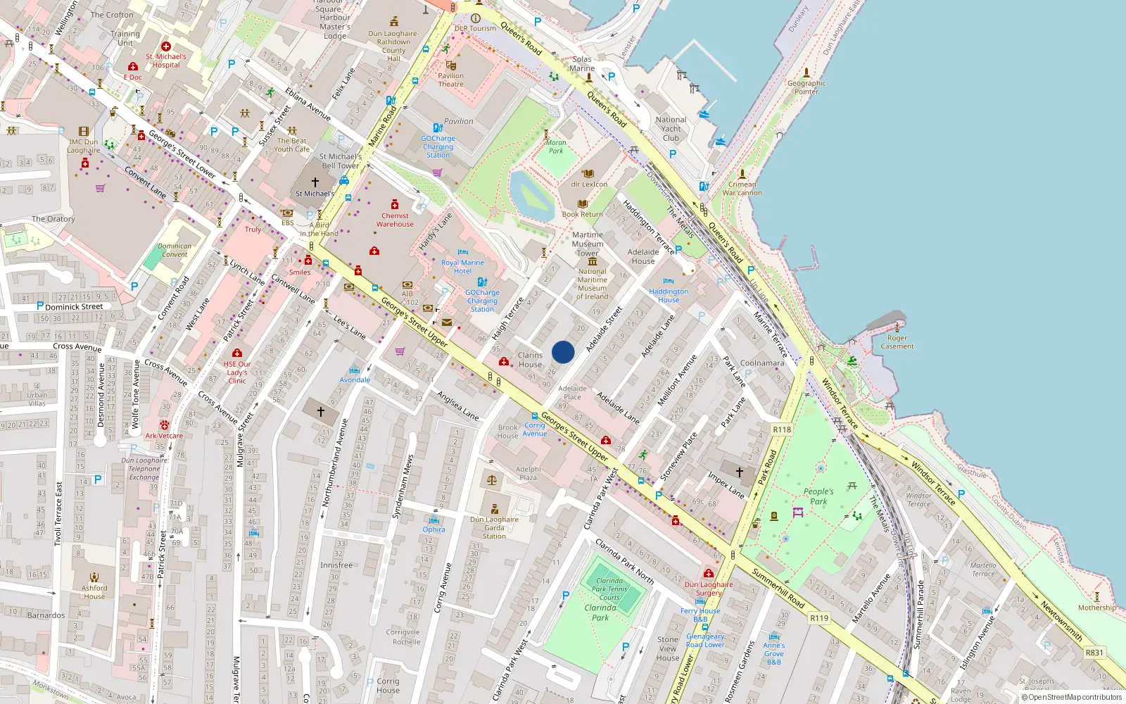 Overhead map showing the location of 25 Adelaide Street, Co Dublin