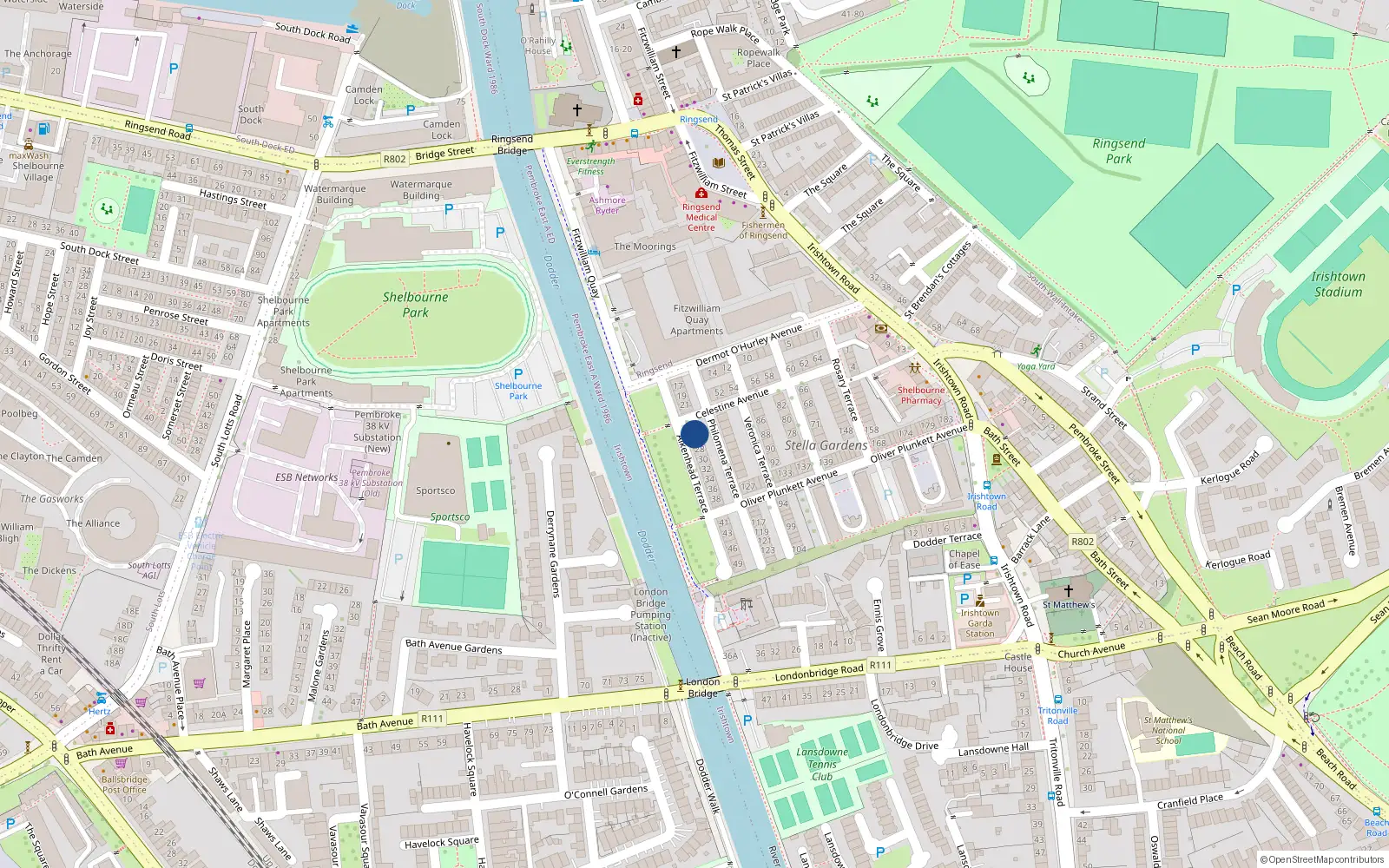 Overhead map showing the location of 25 Aikenhead Terrace, Irishtown