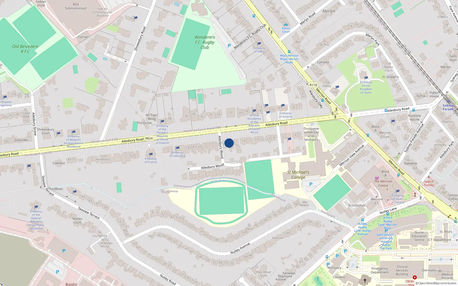 Overhead map showing the location of 25 Ailesbury Road, Simmonscourt