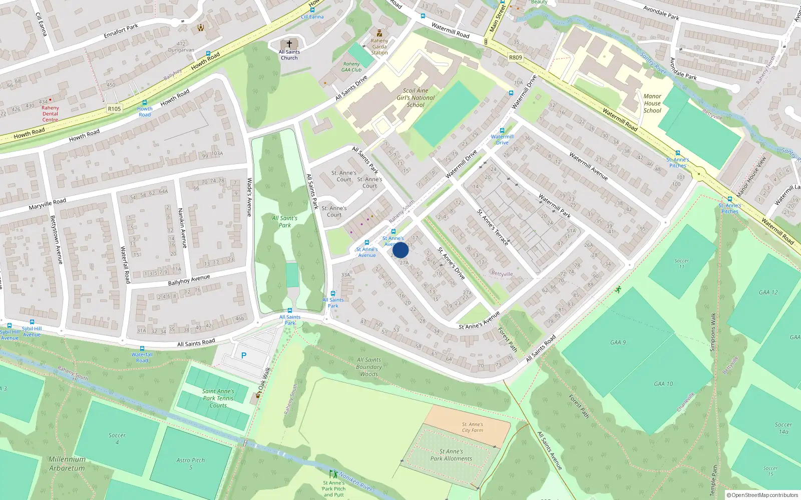 Overhead map showing the location of 25 All Saints Park, Dublin 5