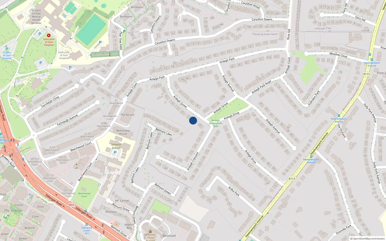Overhead map showing the location of 25 Ardagh Grove, Blackrock, Dublin