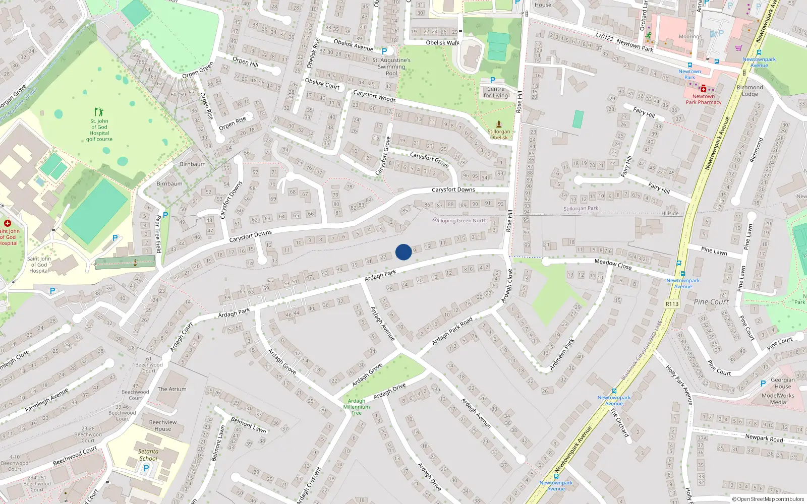 Overhead map showing the location of 25 Ardagh Park, Blackrock