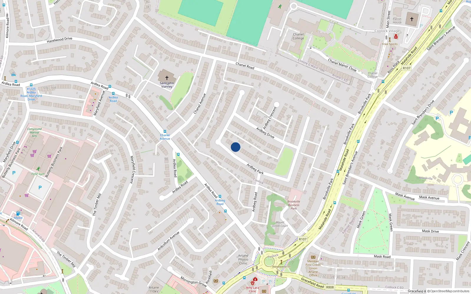 Overhead map showing the location of 25 Ardbeg Park, Artane, Dublin 5
