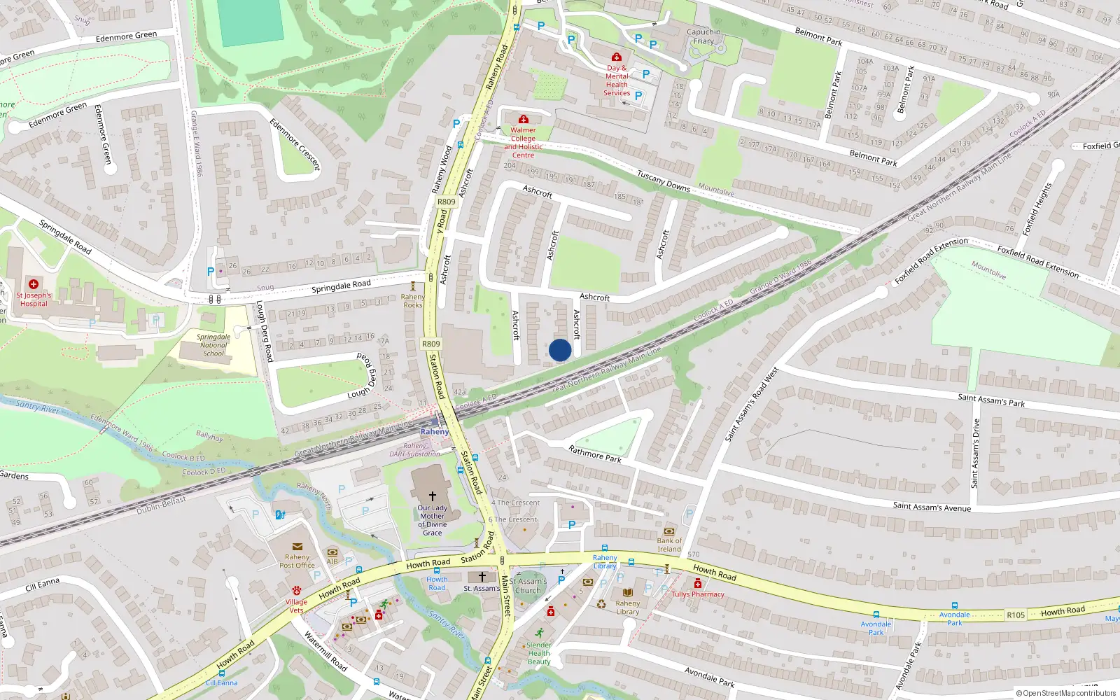 Overhead map showing the location of 25 Ashcroft, Raheny, Dublin 5