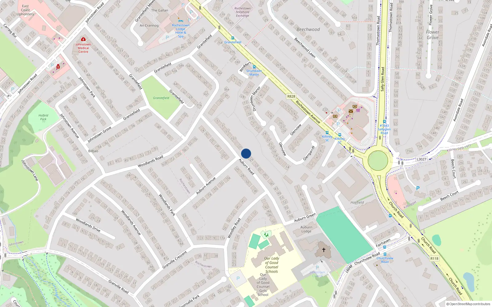 Overhead map showing the location of 25 Auburn Road, Rochestown, Dun Laoghaire