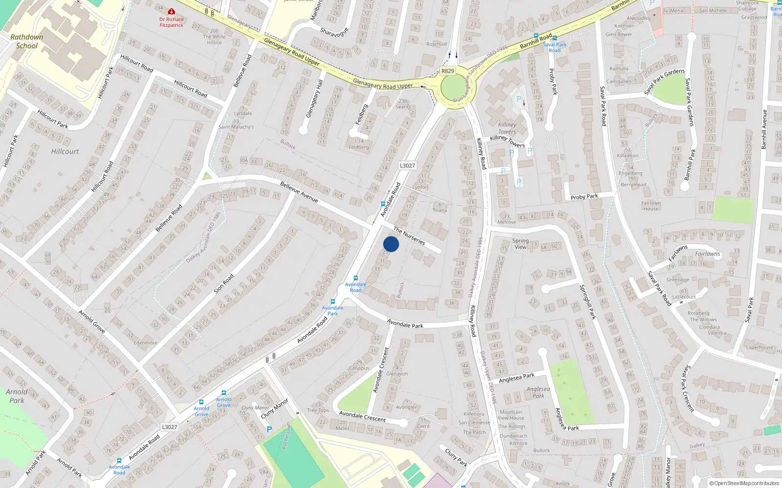 Overhead map showing the location of 25 Avondale Road, Killiney