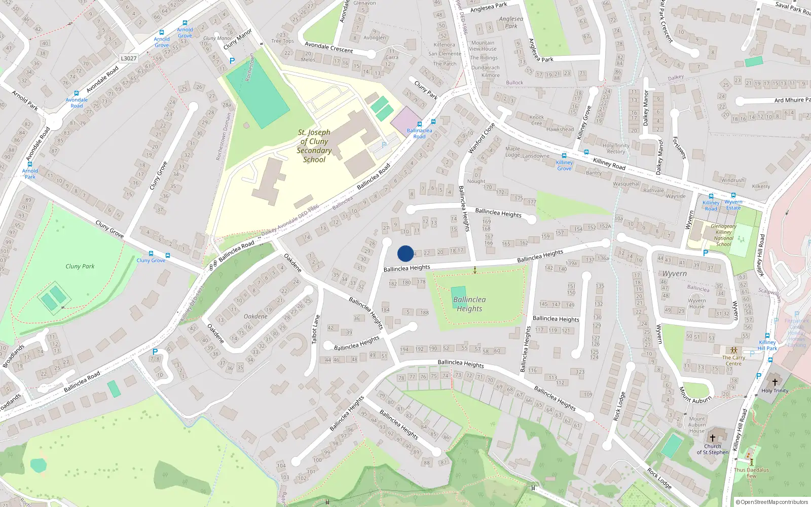 Overhead map showing the location of 25 Ballinclea Heights, Killiney