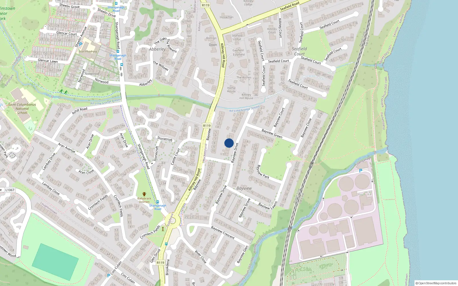 Overhead map showing the location of 25 Bayview Drive, Killiney