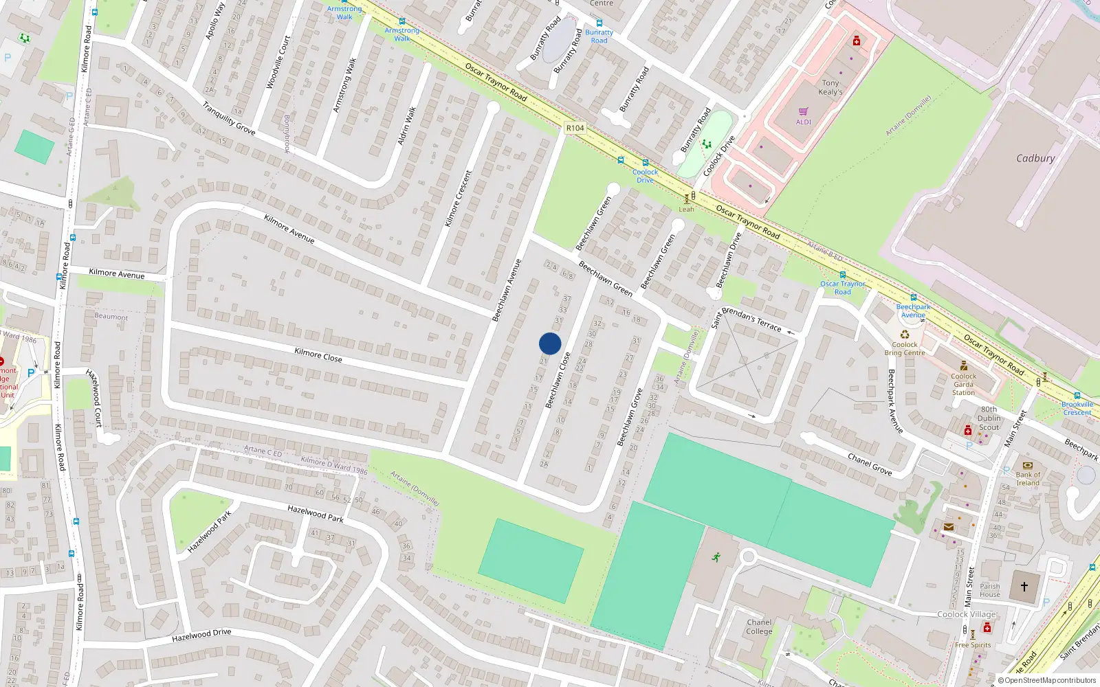 Overhead map showing the location of 25 Beechlawn Close, Dublin 5