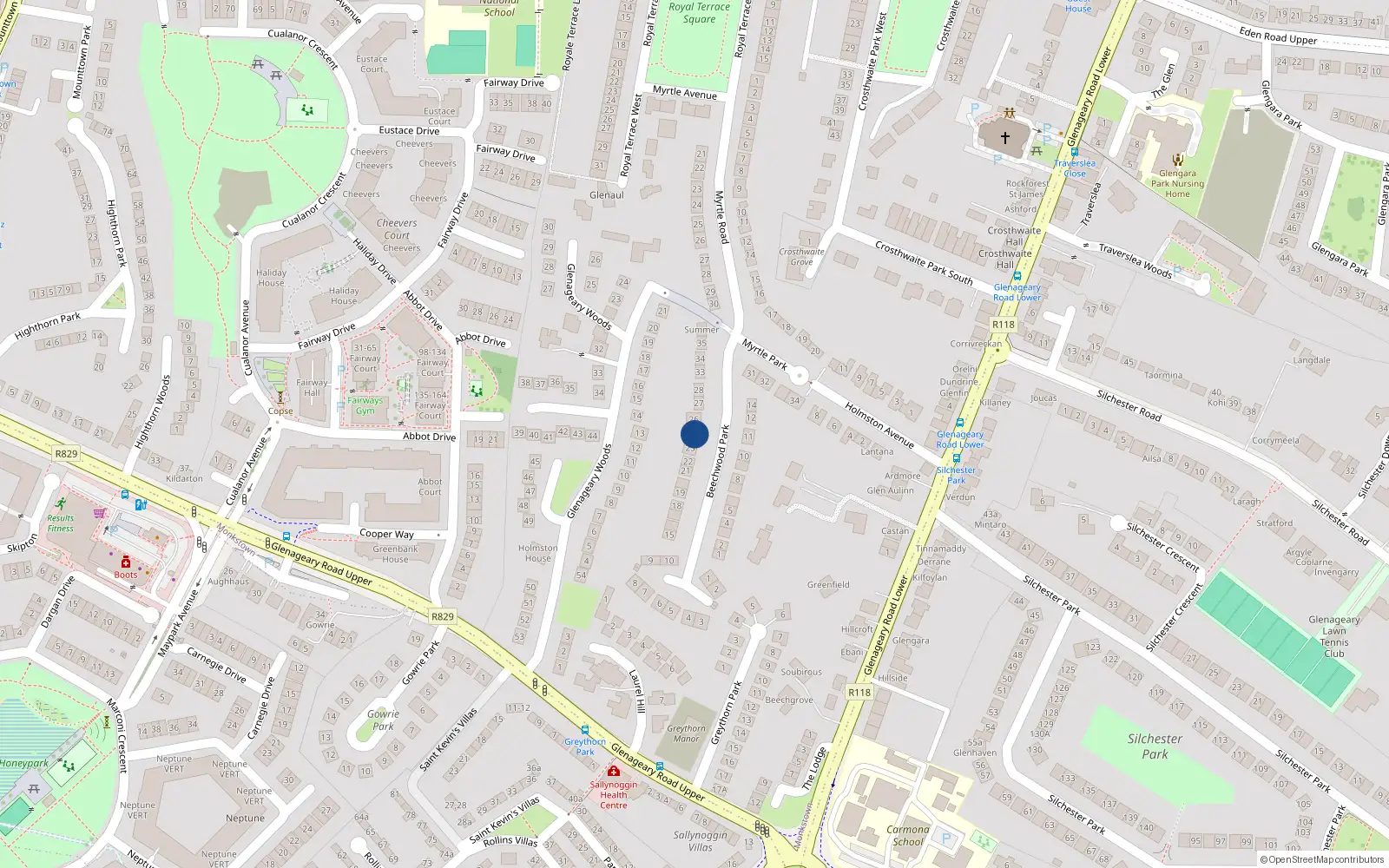 Overhead map showing the location of 25 Beechwood Park, Dun Laoghaire, Dublin