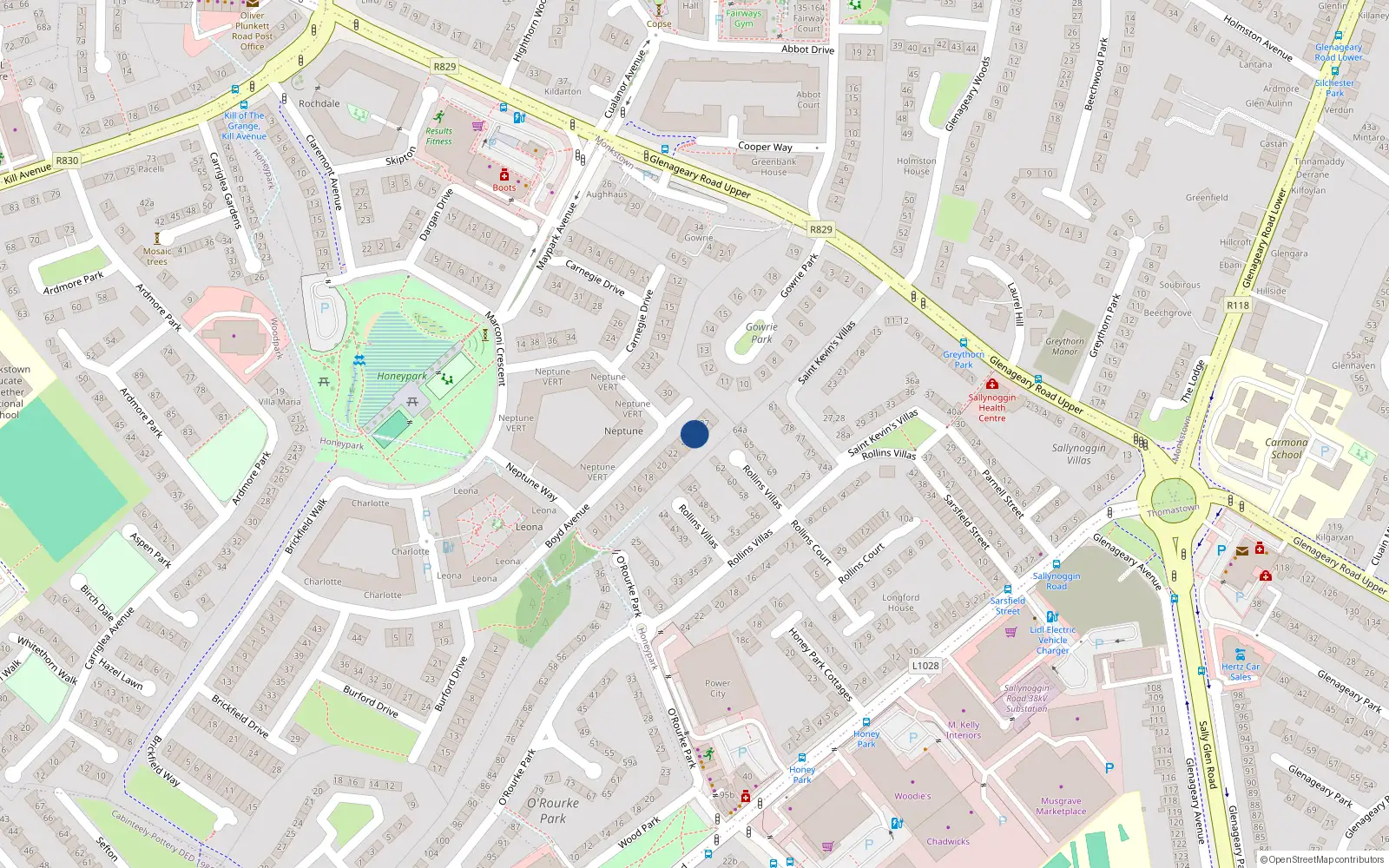 Overhead map showing the location of 25 Boyd Avenue, Dun Laoghaire