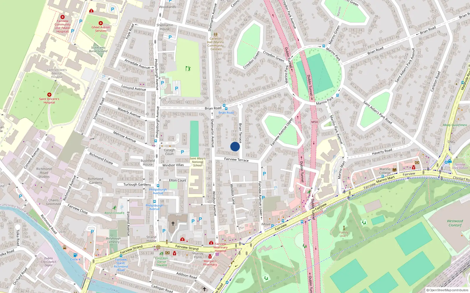 Overhead map showing the location of 25 Brian Terrace, Fairview, Dublin 3