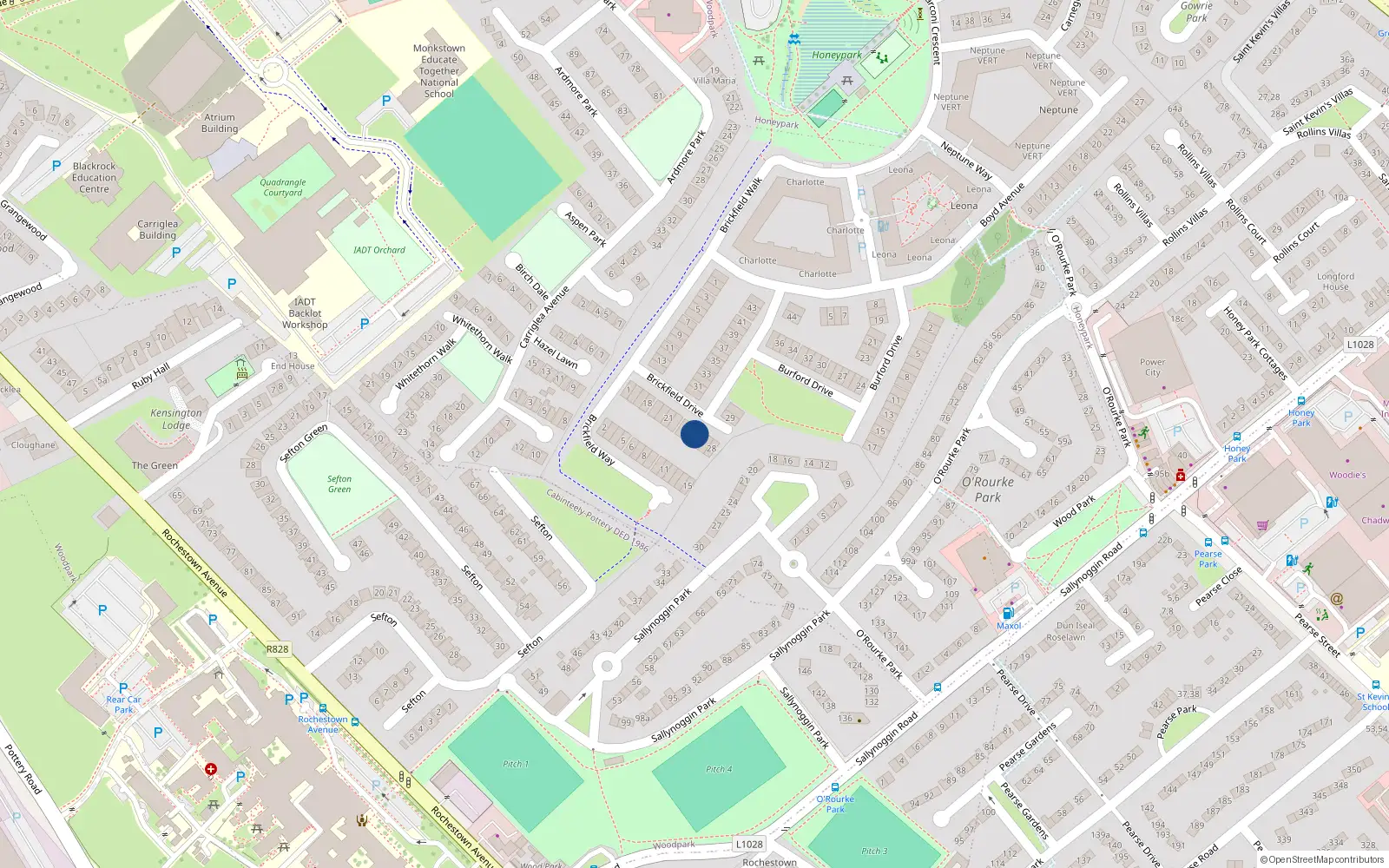 Overhead map showing the location of 25 Brickfield Drive, Dun Laoighaire