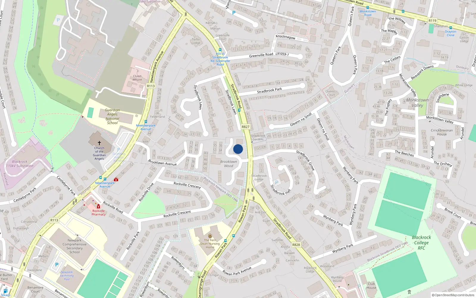 Overhead map showing the location of 25 Brooklawn Wood, Stradbrook Road, Blackrock