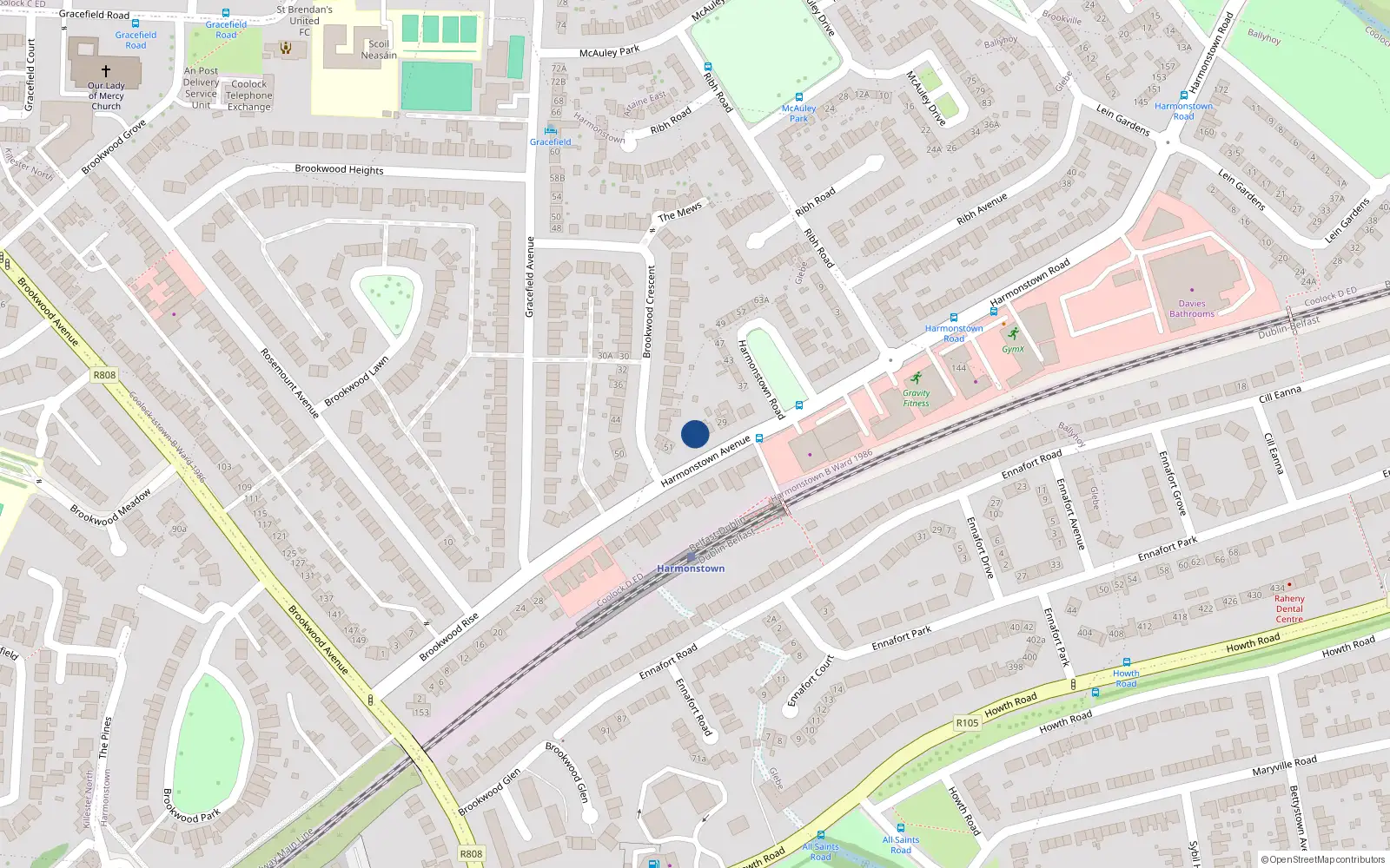 Overhead map showing the location of 25 Brookwood Rise, Dublin 5