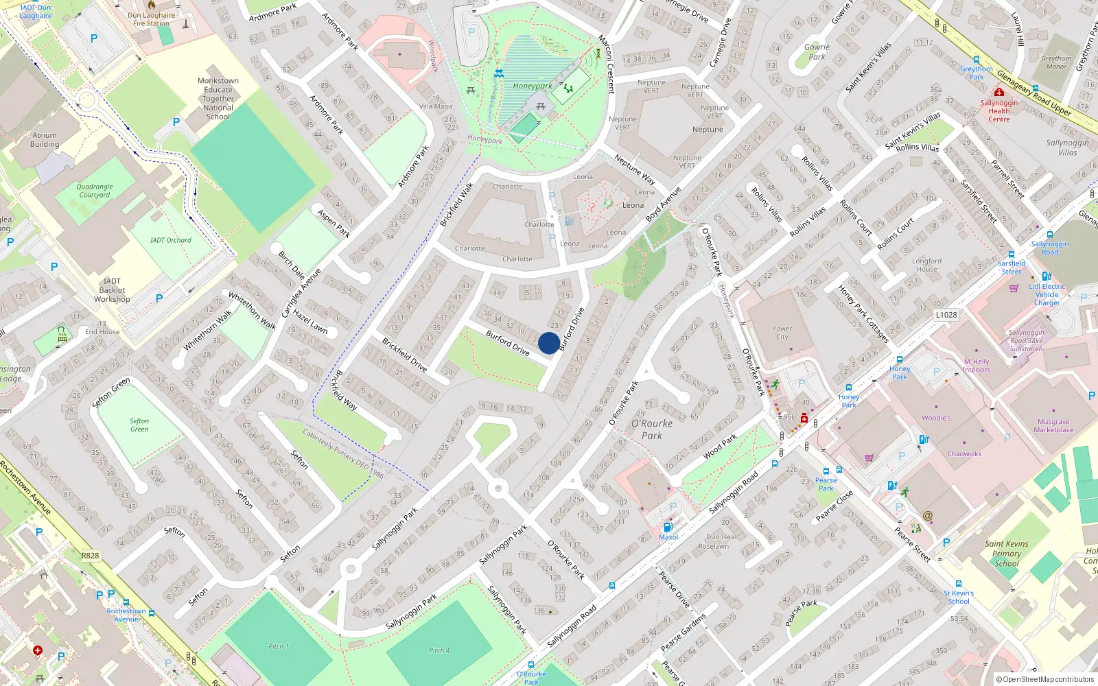 Overhead map showing the location of 25 Burford Drive, Dun Laoghaire