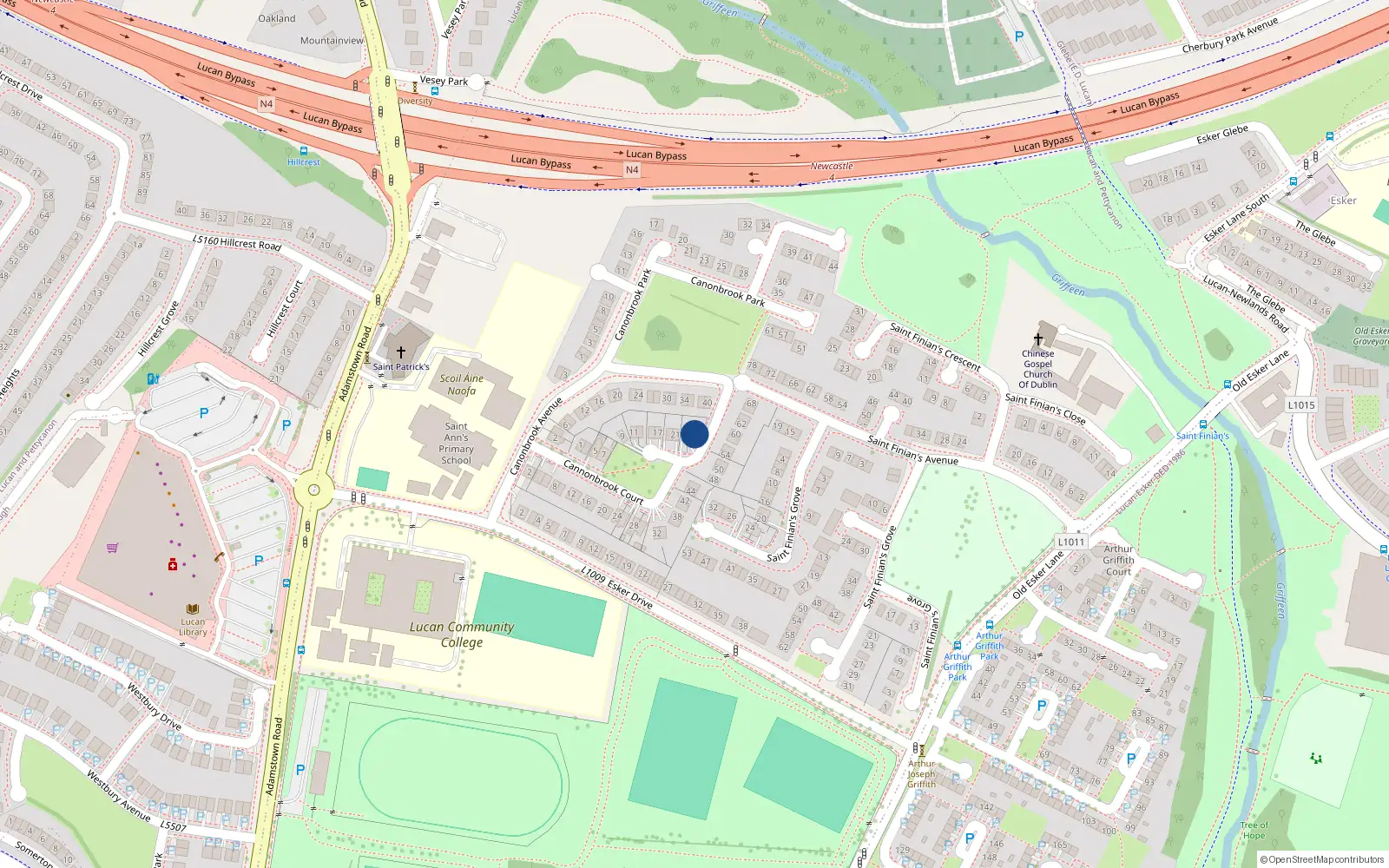 Overhead map showing the location of 25 Canonbrook Court, Lucan