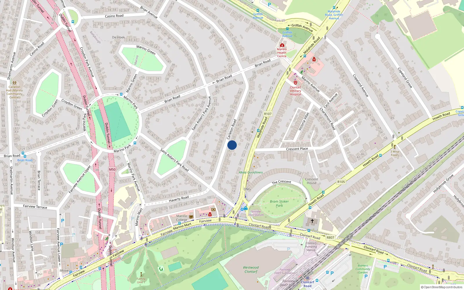 Overhead map showing the location of 25 Carleton Road, Dublin 3