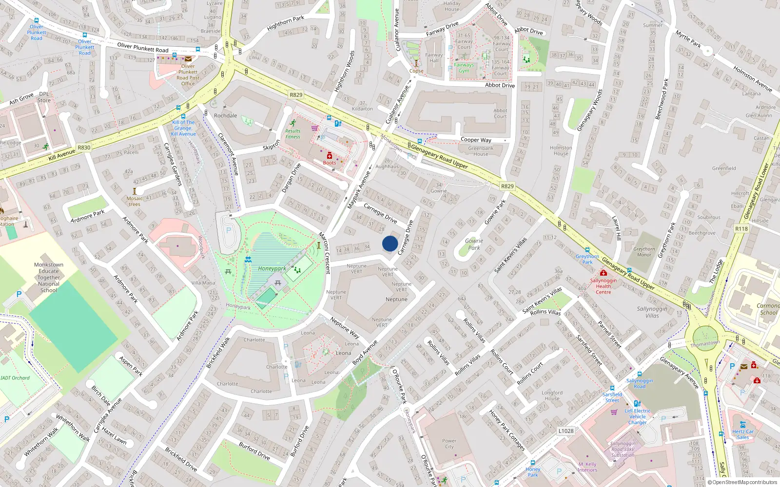 Overhead map showing the location of 25 Carnegie Drive, Dun Laoghaire
