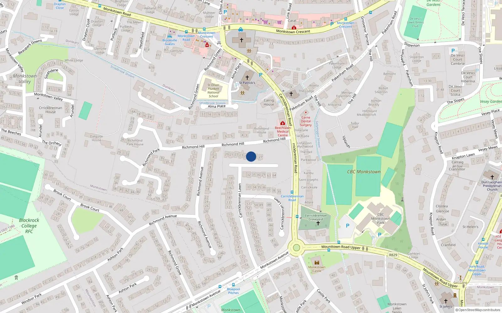 Overhead map showing the location of 25 Carrickbrennan Lawn, Dublin