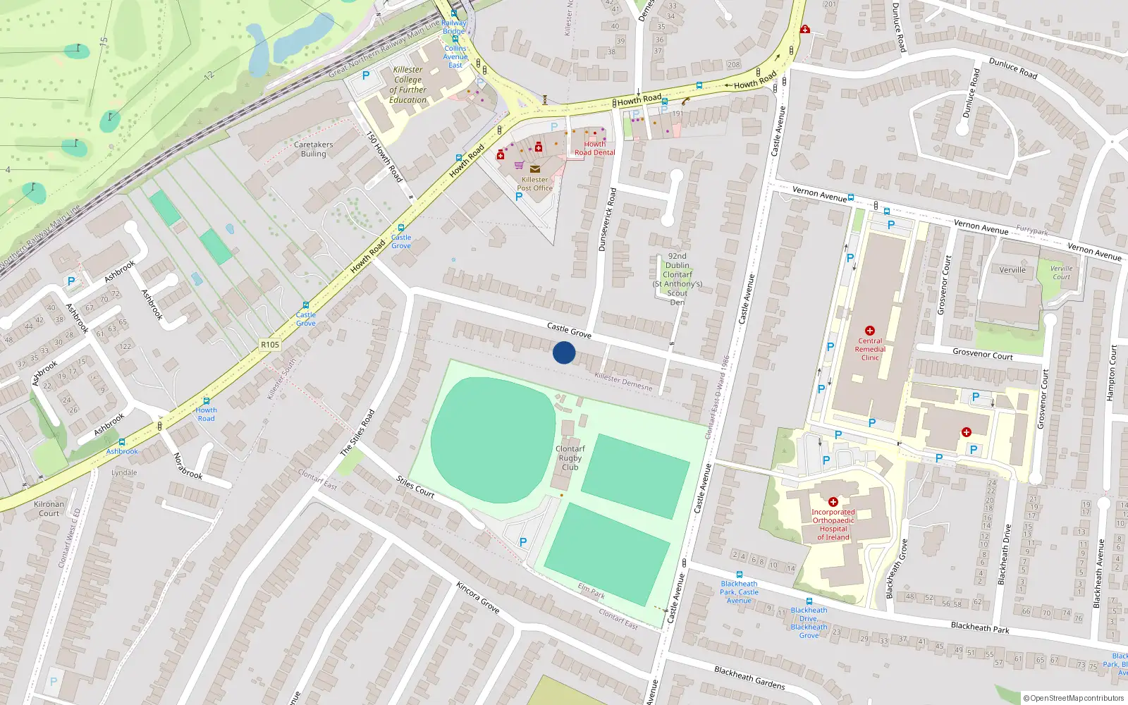 Overhead map showing the location of 25 Castle Grove, Clontarf, Dublin 3
