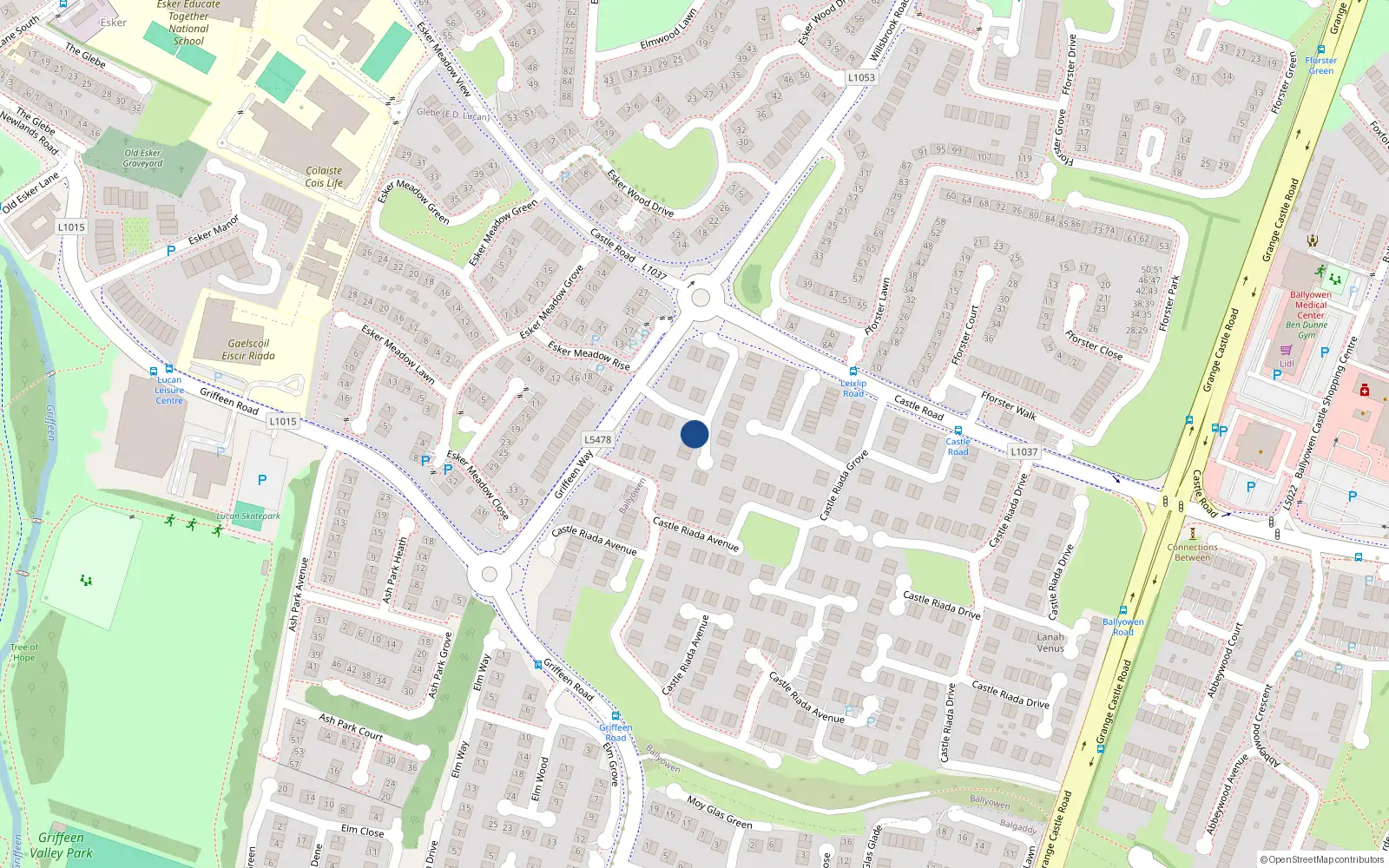 Overhead map showing the location of 25 Castle Riada Crescent, Lucan