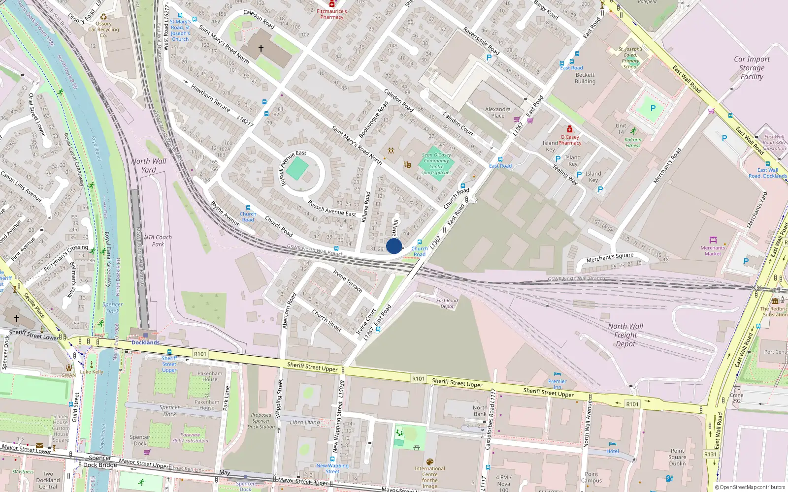 Overhead map showing the location of 25 Church Road, East Wall, Dublin 3