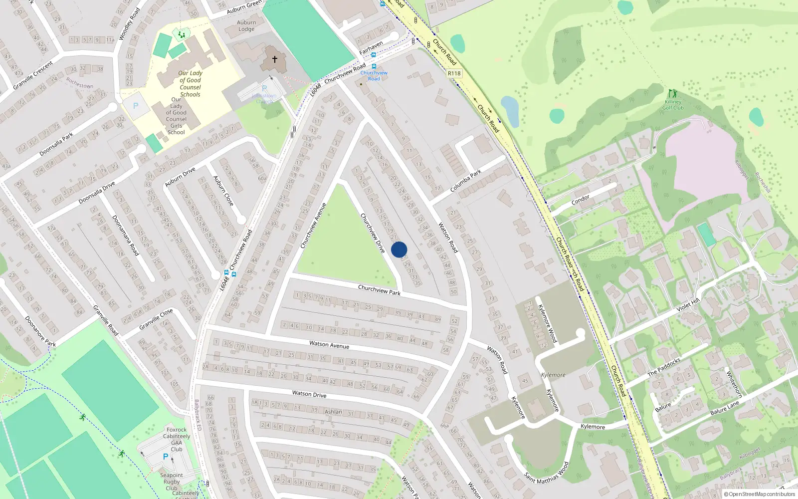 Overhead map showing the location of 25 Churchview Drive, Killiney