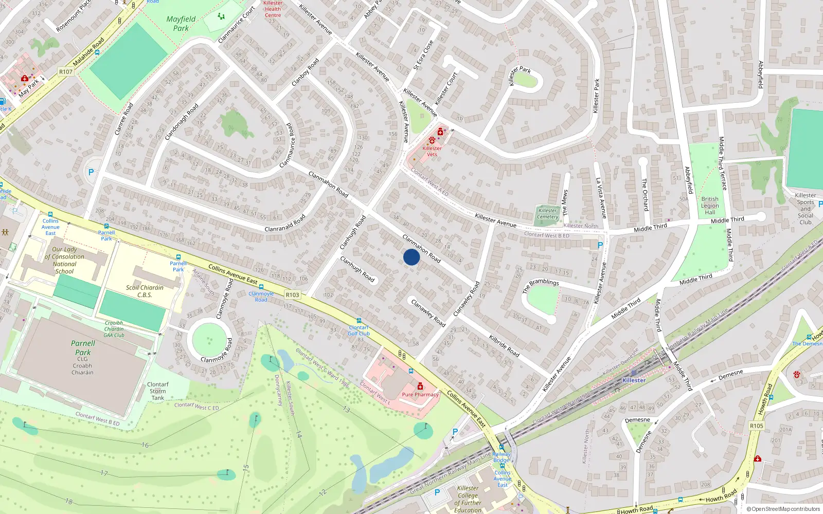 Overhead map showing the location of 25 Clanmahon Road, Dublin 5, Dublin
